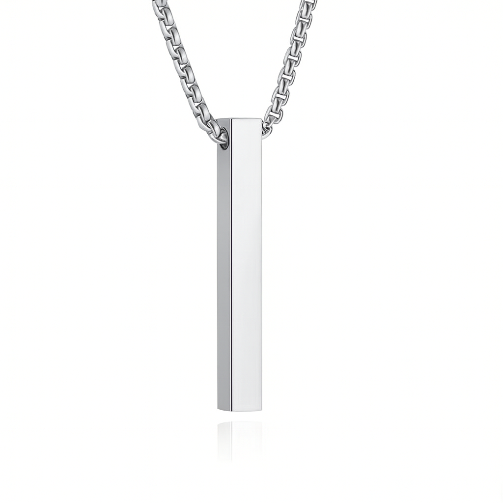 Silver necklace with a vertical bar pendant on a white background