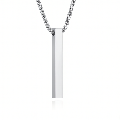 Silver necklace with a vertical bar pendant on a white background