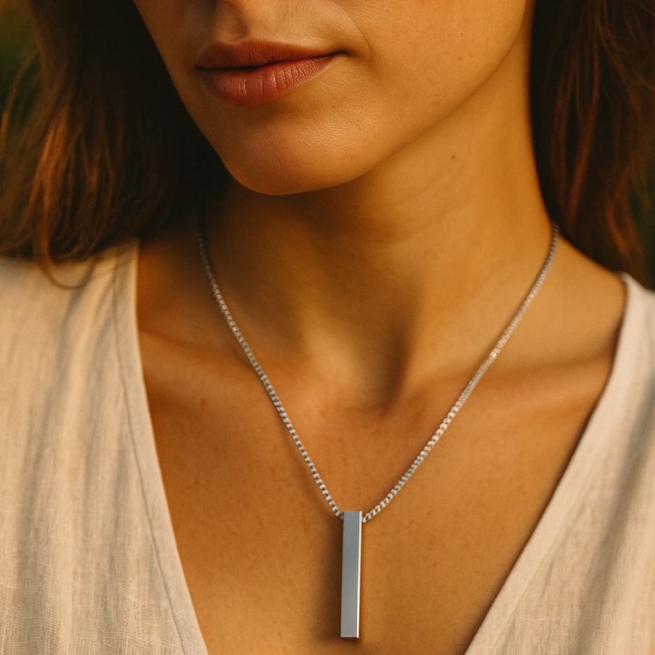 Steel Bar Pendant Four Sided Stainless with Necklace