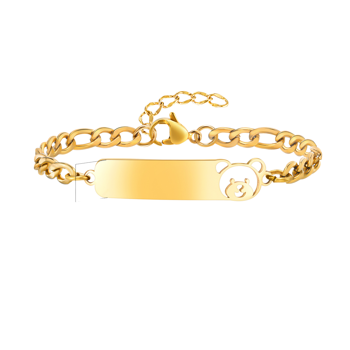 Gold chain bracelet with a bear design on a white background