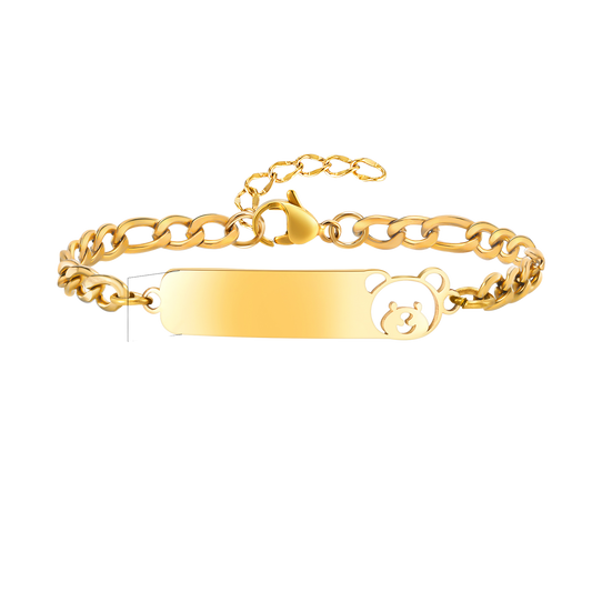 Gold chain bracelet with a bear design on a white background