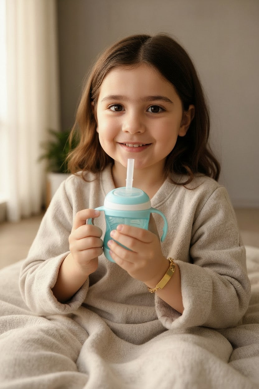 Young girl holding a blue sippy cup indoors wearing a customizable children's bracelet.