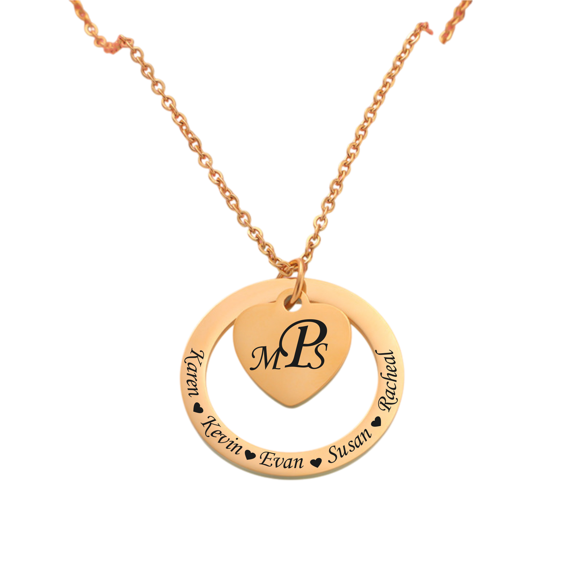 Gold necklace with a heart-shaped pendant featuring the letter 'A' and engraved text on a white background.