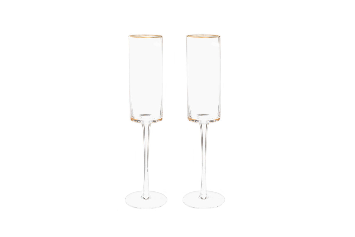 Pair of Gold Rim Glass Champagne Flutes, 8 oz.